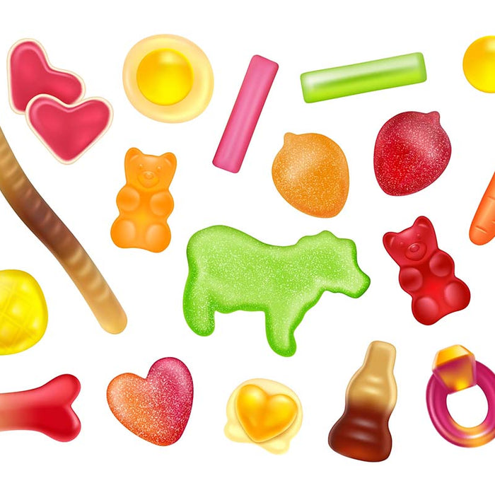 A cute, colorful variety of different gummy candies that pop off a bright, white background.