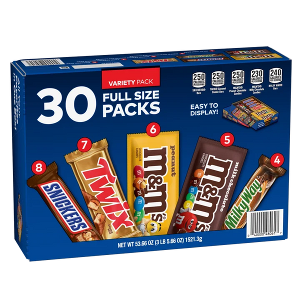30 Count Full Size Chocolate Candy Bar Variety Pack, Snickers, Twix, M&M’S Peanut, M&M’S Milk Chocolate & Milky Way