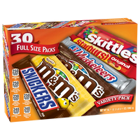 30 Count Full Size Candy Variety Pack, Snickers, M&M’S, Skittles, 3 Musketeers & Starburst Bulk Snacks