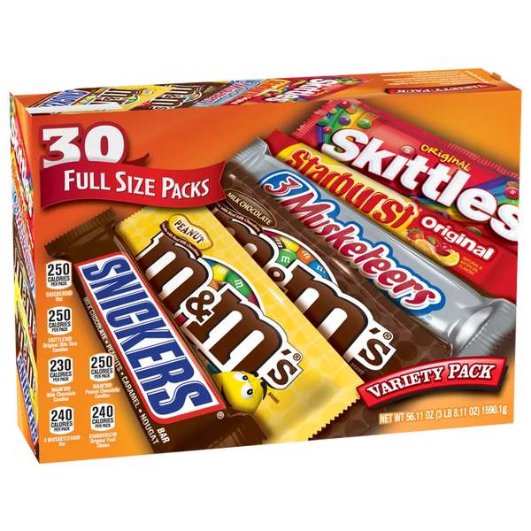 30 Count Full Size Candy Variety Pack, Snickers, M&M’S, Skittles, 3 Musketeers & Starburst Bulk Snacks