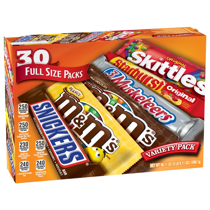 30 Count Full Size Candy Variety Pack, Snickers, M&M’S, Skittles, 3 Musketeers & Starburst Bulk Snacks