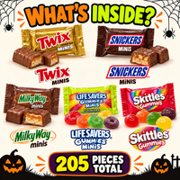 Halloween Candy Variety Pack 205 Pieces, 4.15 LB Bulk Chocolate & Fruity Gummies Assortment, SNICKERS, TWIX, SKITTLES & LIFE SAVERS, Individually Wrapped Trick or Treat Candy for Halloween Parties, Candy Bowls & Gift Bags