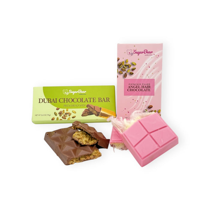 Chocolate Trend Duo: Pistachio Filled Angel Hair Chocolate & Dubai Chocolate Bar (Pistachio Knafeh)