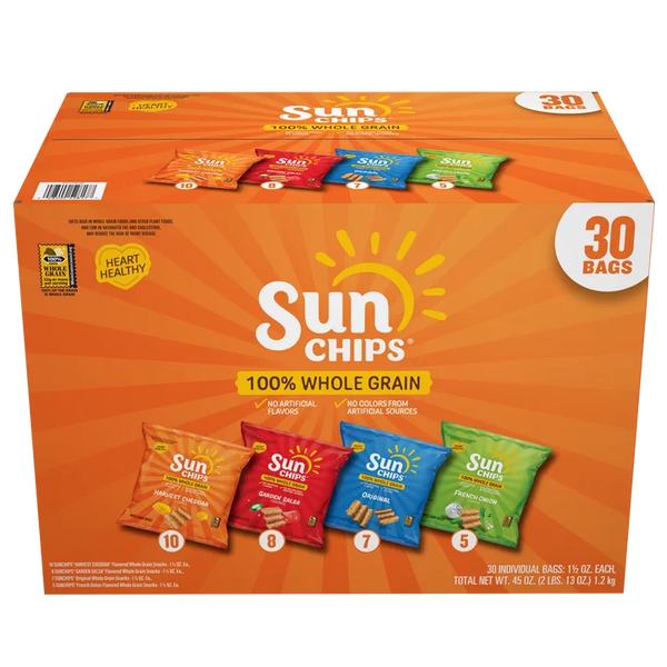 SunChips Whole Grain Variety Pack, 30 Count x 1.5 oz Bags — Harvest Cheddar, Garden Salsa, Original & French Onion Snack Chips