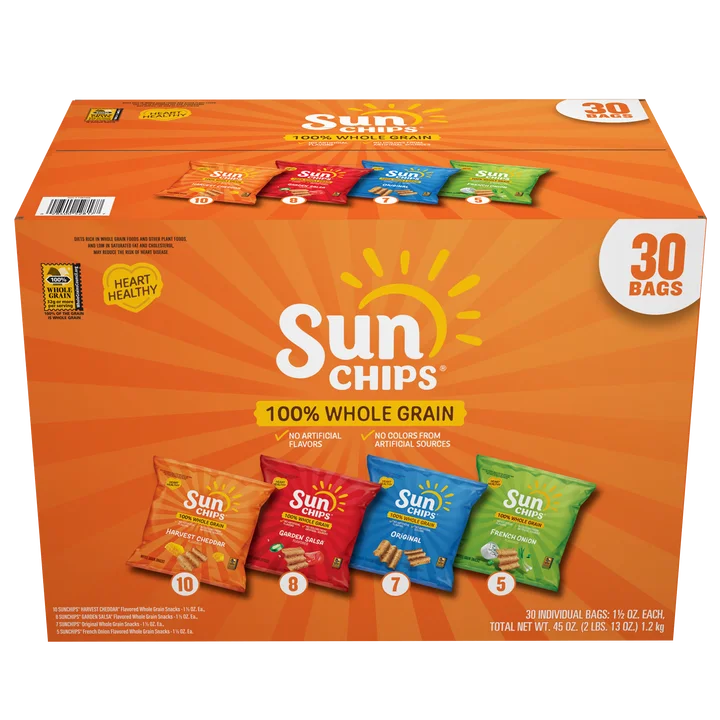 SunChips Whole Grain Variety Pack, 30 Count x 1.5 oz Bags — Harvest Cheddar, Garden Salsa, Original & French Onion Snack Chips