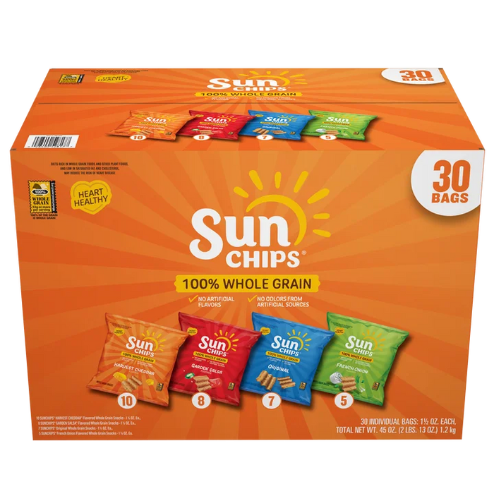 SunChips Whole Grain Variety Pack, 30 Count x 1.5 oz Bags — Harvest Cheddar, Garden Salsa, Original & French Onion Snack Chips