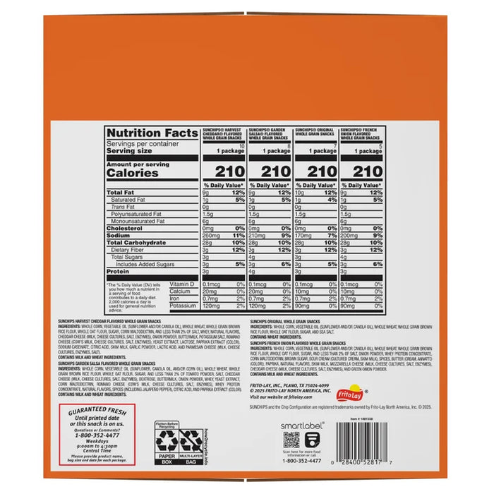 SunChips Whole Grain Variety Pack, 30 Count x 1.5 oz Bags — Harvest Cheddar, Garden Salsa, Original & French Onion Snack Chips