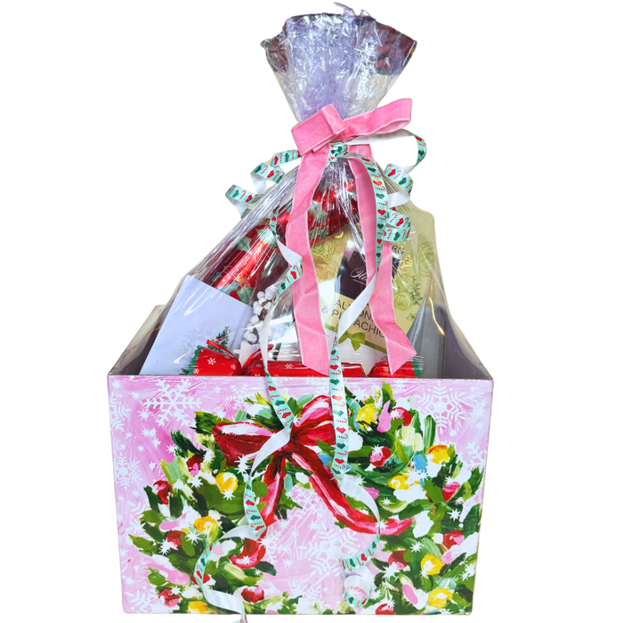 Christmas Gift Basket with Gourmet Chocolates, Holiday Crackers, Hot Cocoa Mix, Latte Stirrers, and Greeting Card