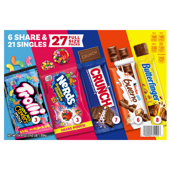 Halloween Candy Variety Mix 27 ct – Butterfinger, Crunch, Kinder Bueno, Nerds & Trolli, 6 Share Pouches + 21 Full Size Bars, Trick-or-Treat Assortment 54.8 oz