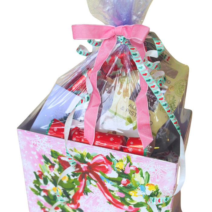 Christmas Gift Basket with Gourmet Chocolates, Holiday Crackers, Hot Cocoa Mix, Latte Stirrers, and Greeting Card