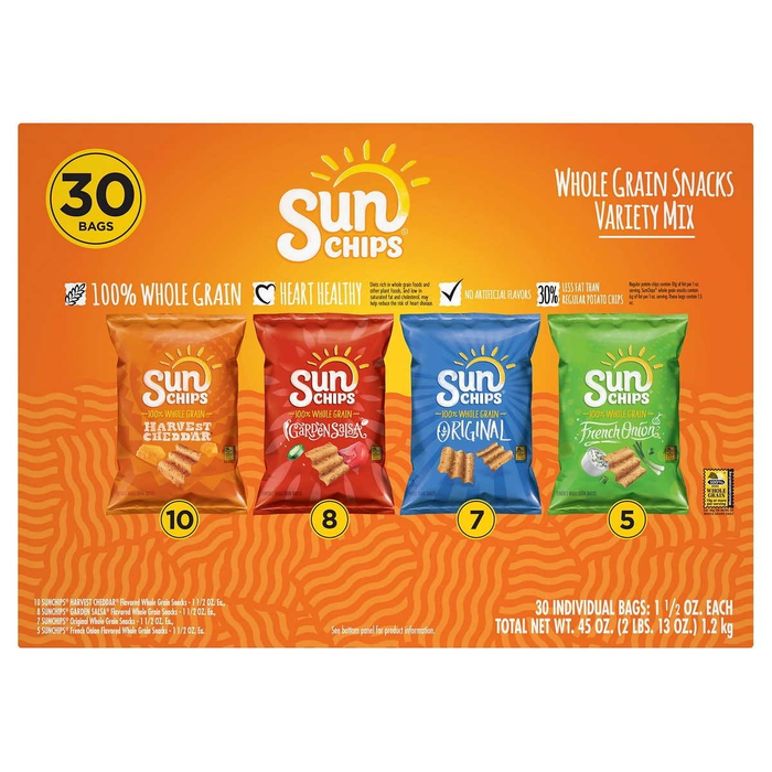 SunChips Whole Grain Variety Pack, 30 Count x 1.5 oz Bags — Harvest Cheddar, Garden Salsa, Original & French Onion Snack Chips