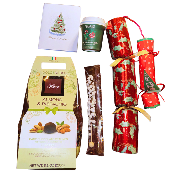Christmas Gift Basket with Gourmet Chocolates, Holiday Crackers, Hot Cocoa Mix, Latte Stirrers, and Greeting Card