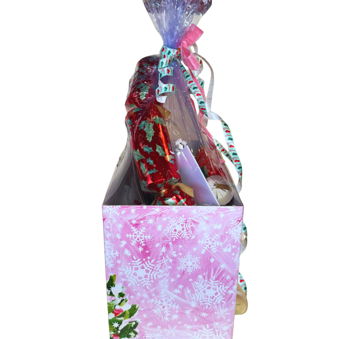 Christmas Gift Basket with Gourmet Chocolates, Holiday Crackers, Hot Cocoa Mix, Latte Stirrers, and Greeting Card