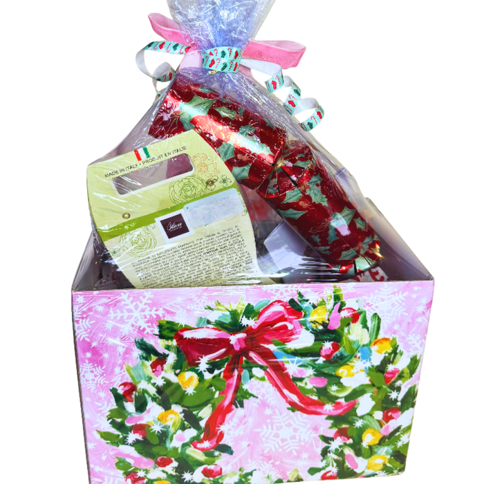 Christmas Gift Basket with Gourmet Chocolates, Holiday Crackers, Hot Cocoa Mix, Latte Stirrers, and Greeting Card