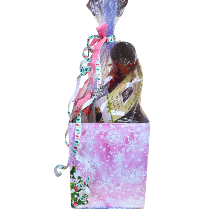 Christmas Gift Basket with Gourmet Chocolates, Holiday Crackers, Hot Cocoa Mix, Latte Stirrers, and Greeting Card