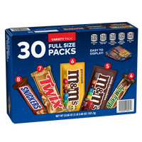 30 Count Full Size Chocolate Candy Bar Variety Pack, Snickers, Twix, M&M’S Peanut, M&M’S Milk Chocolate & Milky Way