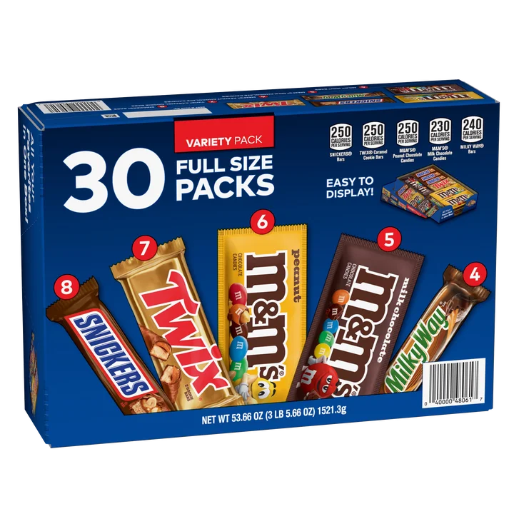 30 Count Full Size Chocolate Candy Bar Variety Pack, Snickers, Twix, M&M’S Peanut, M&M’S Milk Chocolate & Milky Way