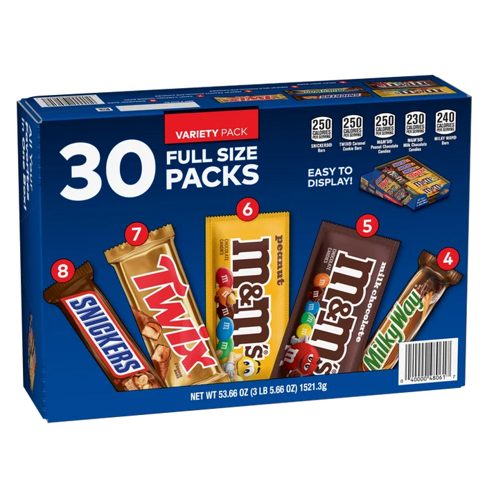 30 Count Full Size Chocolate Candy Bar Variety Pack, Snickers, Twix, M&M’S Peanut, M&M’S Milk Chocolate & Milky Way