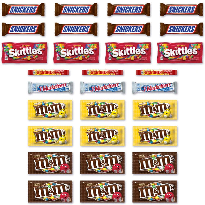 30 Count Full Size Candy Variety Pack, Snickers, M&M’S, Skittles, 3 Musketeers & Starburst Bulk Snacks