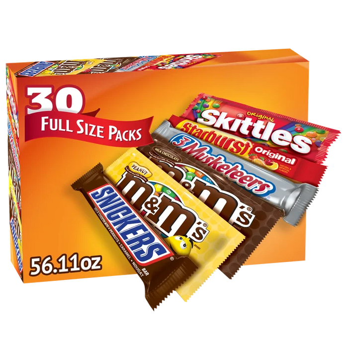 30 Count Full Size Candy Variety Pack, Snickers, M&M’S, Skittles, 3 Musketeers & Starburst Bulk Snacks