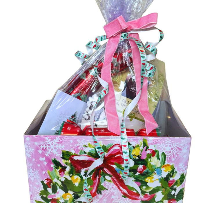 Christmas Gift Basket with Gourmet Chocolates, Holiday Crackers, Hot Cocoa Mix, Latte Stirrers, and Greeting Card