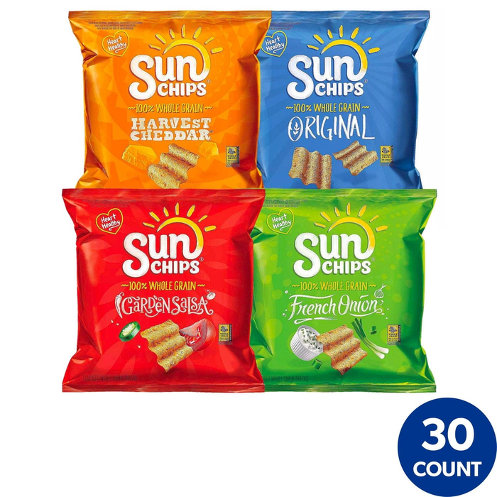 SunChips Whole Grain Variety Pack, 30 Count x 1.5 oz Bags — Harvest Cheddar, Garden Salsa, Original & French Onion Snack Chips