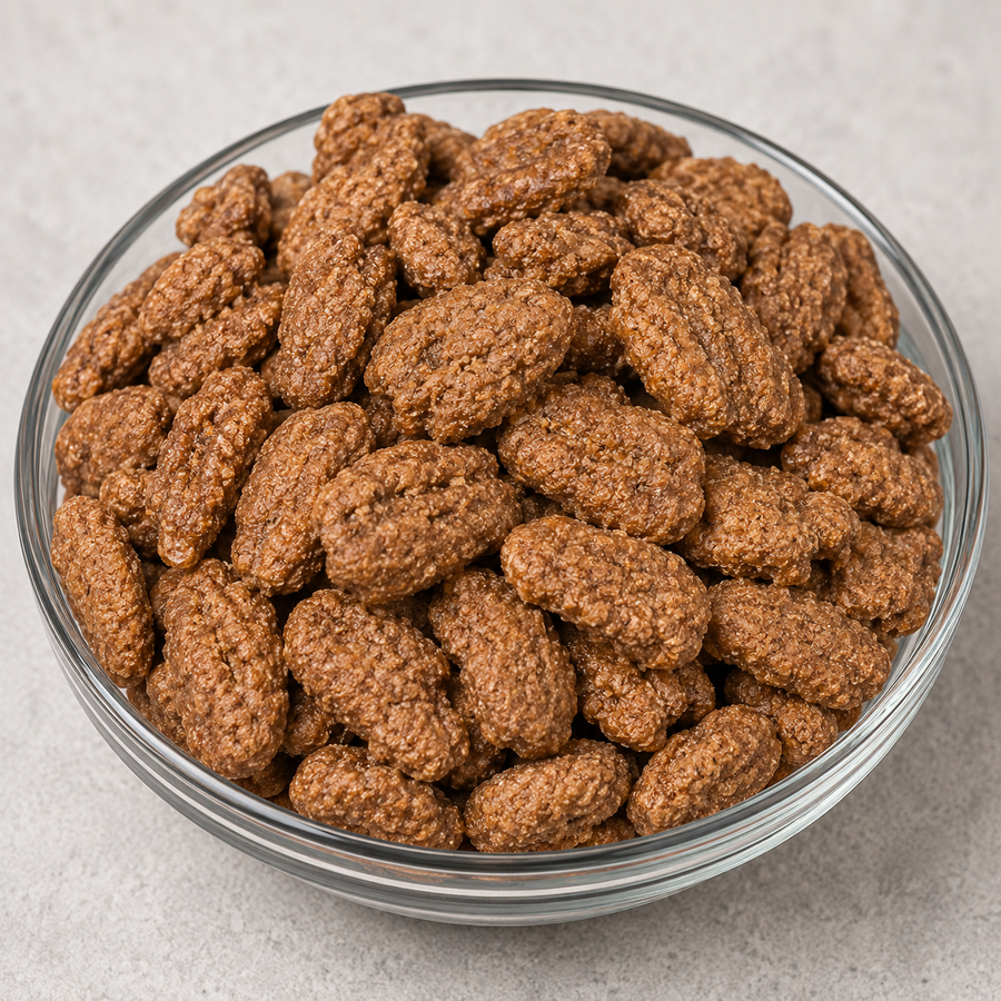 Praline Pecans – Sweet Glazed Crunchy Pecan Halves, Buttery Candied Snack, Fresh Gourmet Treat