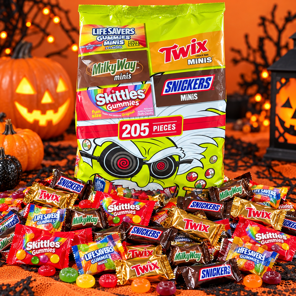 Halloween Candy Variety Pack 205 Pieces, 4.15 LB Bulk Chocolate & Fruity Gummies Assortment, SNICKERS, TWIX, SKITTLES & LIFE SAVERS, Individually Wrapped Trick or Treat Candy for Halloween Parties, Candy Bowls & Gift Bags