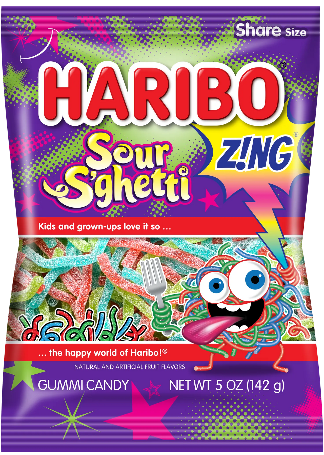 Haribo Sour S'Ghetti Gummi Candy Peg Bag 5oz. 12 ct.