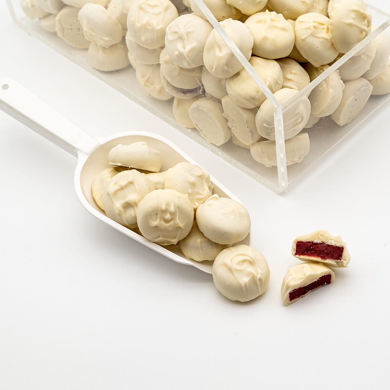 White Chocolate Covered Red Velvet Cake Bites