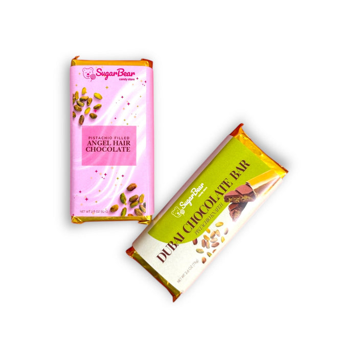 Chocolate Trend Duo: Pistachio Filled Angel Hair Chocolate & Dubai Chocolate Bar (Pistachio Knafeh)