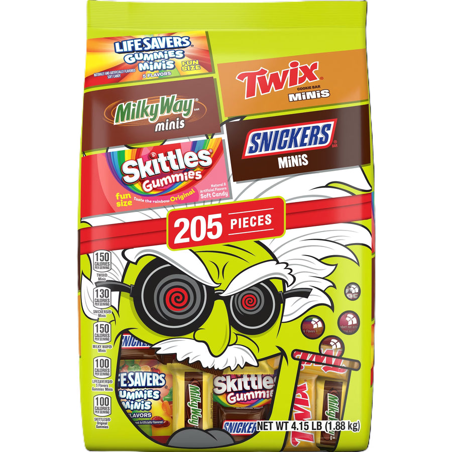 Halloween Candy Variety Pack 205 Pieces, 4.15 LB Bulk Chocolate & Fruity Gummies Assortment, SNICKERS, TWIX, SKITTLES & LIFE SAVERS, Individually Wrapped Trick or Treat Candy for Halloween Parties, Candy Bowls & Gift Bags