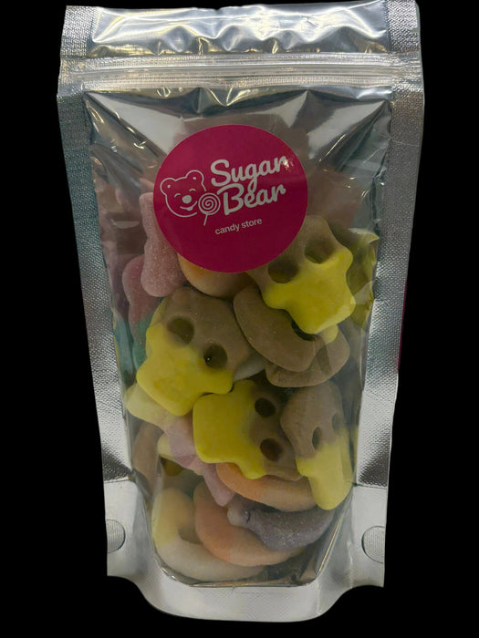 Packaged candy with 'Sugar Bear' label on a white surface