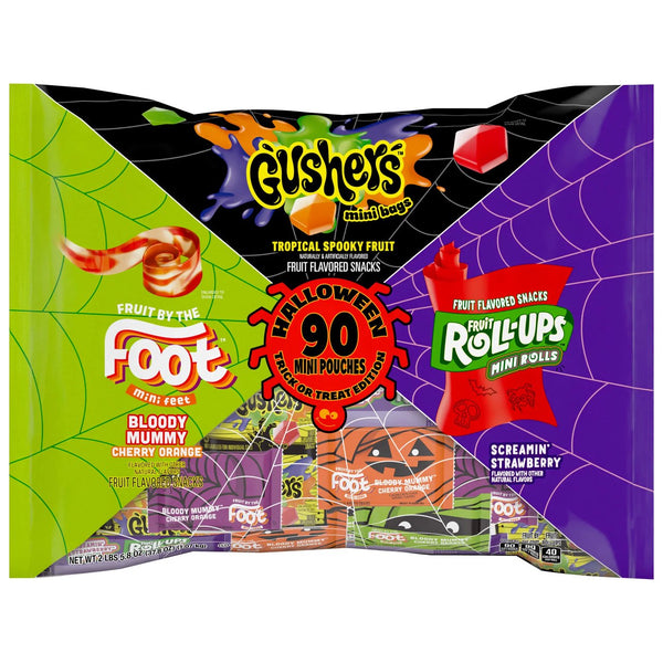 Halloween Fruit Snacks Variety Pack 90 ct – Gushers, Fruit Roll-Ups & Fruit by the Foot Mini Pouches, Glow-in-the-Dark Halloween Edition, Individually Wrapped Trick-or-Treat Snacks