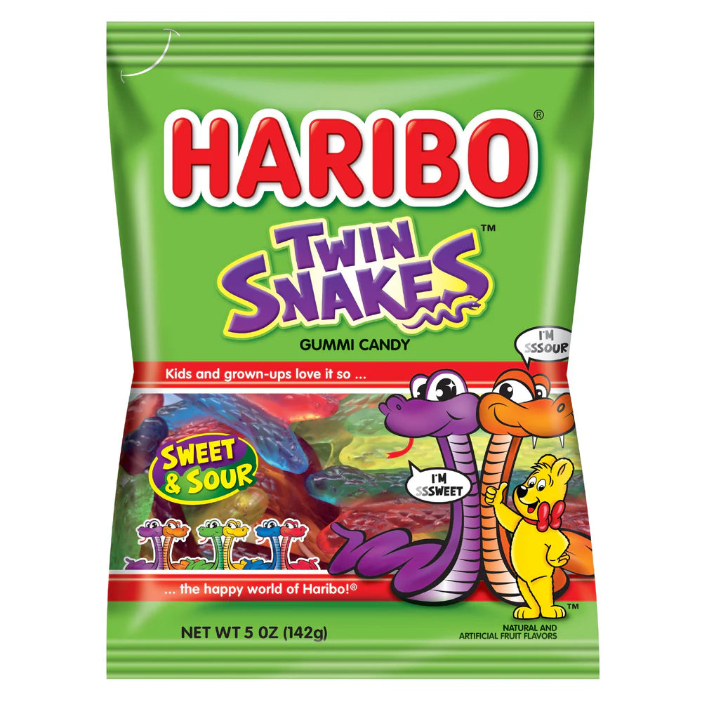 Haribo Twin Snakes Gummi Candy Peg Bag 5oz. 12 ct.