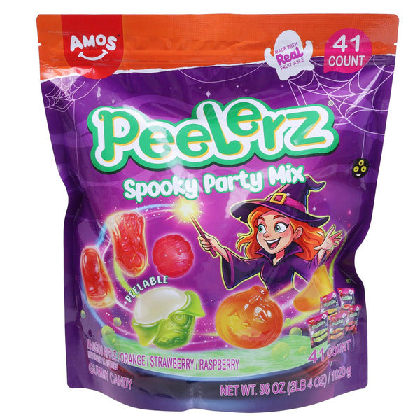 Amos Peelerz Spooky Party Mix 41 ct Bulk Pack – Peelable Gummy Candy Made with Real Fruit Juice, Individually Wrapped Halloween Trick-or-Treat Gummies 36 oz